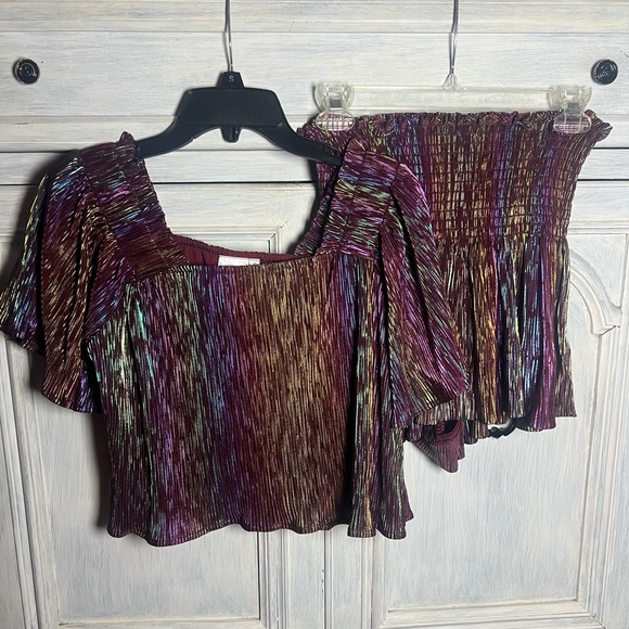QUEEN OF SPARKLES Dresses & Skirts - Queen Of Sparkles Maroon Rainbow Pleat Flutter Top & Shorts Set‎ New